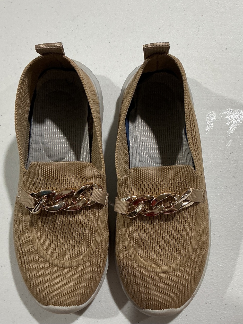Women's Tan Slip-On Knit Loafers with Gold Chain Accent